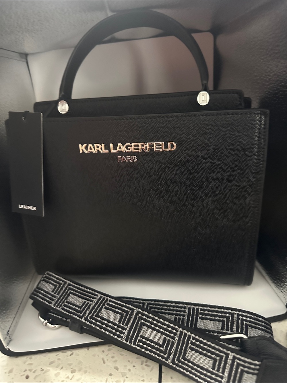 Karl Lagerfeld Black Leather Top-Handle Satchel with Patterned Strap